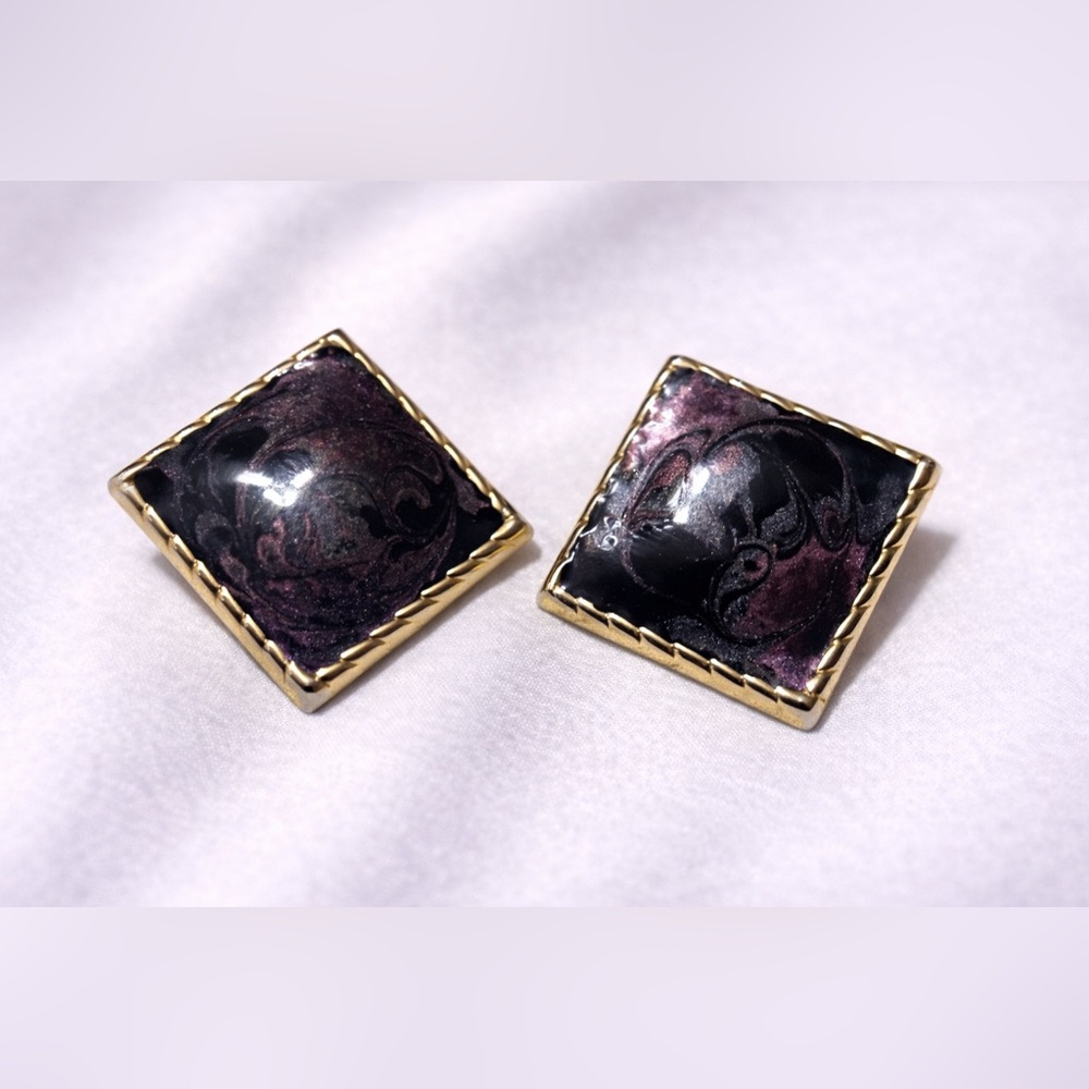 Dark Marbled Square Stud Earrings | Gold Trim Statement Studs | Costume Jewelry